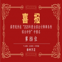 全國會計師事務所綜合評價排名公布，我公司位列89名！